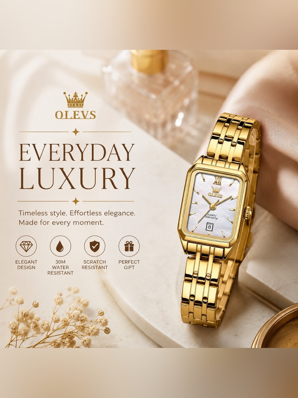 OLEVS Women Gold Rectangular Quartz Watch Mother of Pearl Dial Date Display NWT